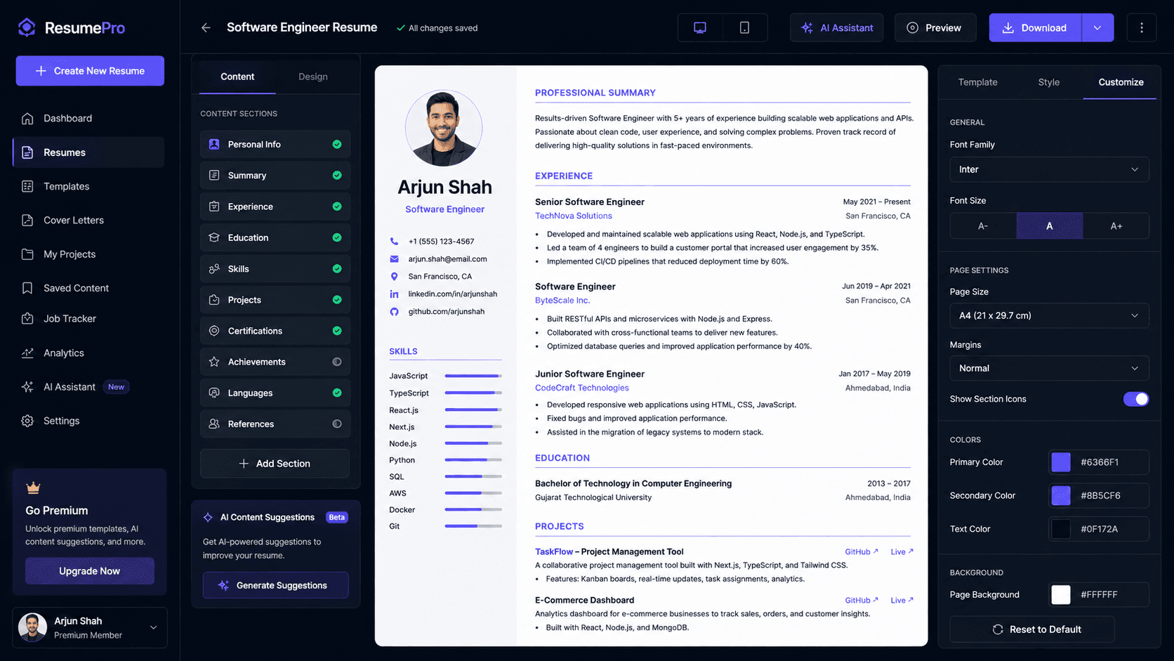 Advanced Resume Builder — editor with live preview