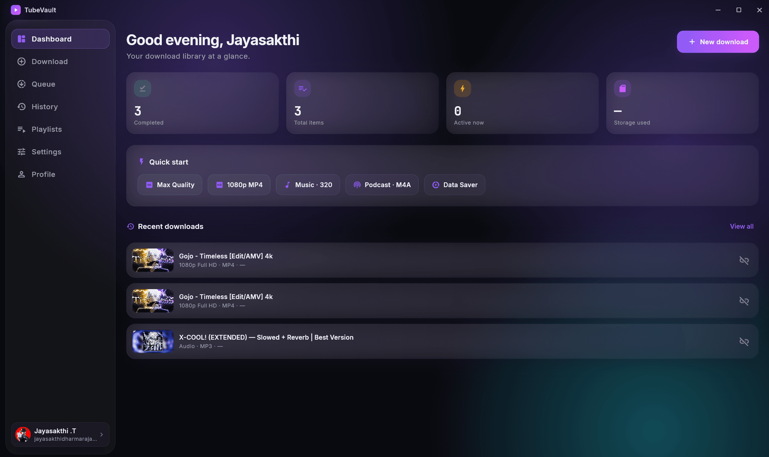 TubeVault — home screen